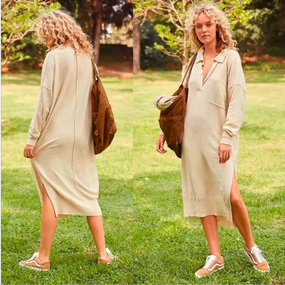 FREE PEOPLE Dana Maxi Luxe Polo Cashmere Sweater Dress Gold Size L. - Picture 16 of 16